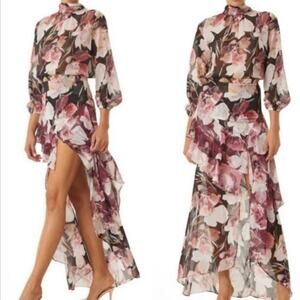 MISA Set Franka Ruffle Asymmetrical Slit Skirt + Top in Flora Tropical Mix XS